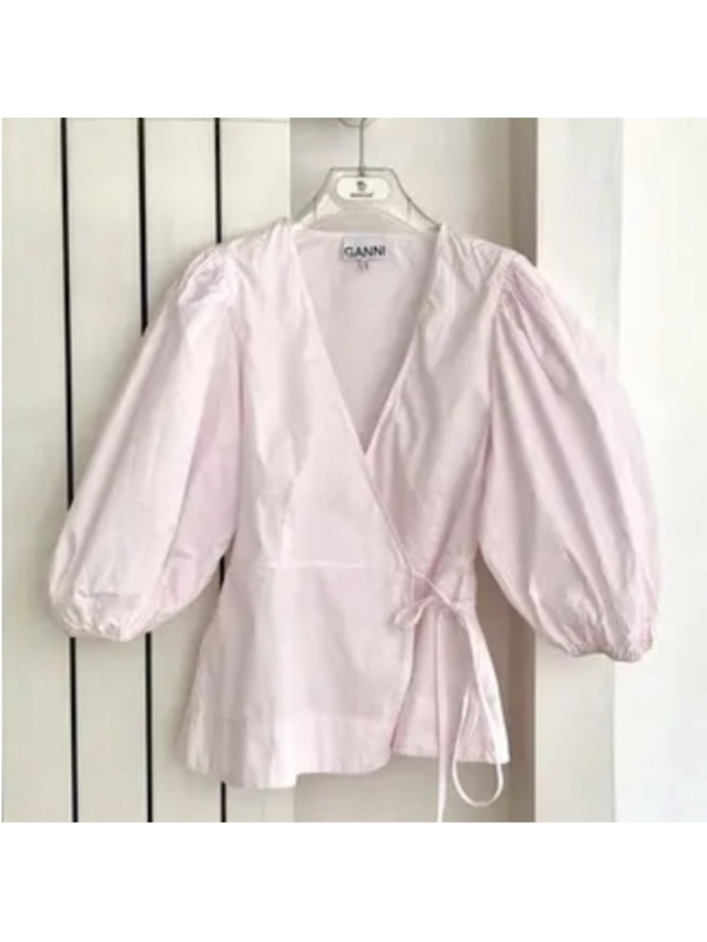 GANNI Blouse Top Shirt Puff Sleeve Wrap Pink Romantic Boho Peplum medium 38